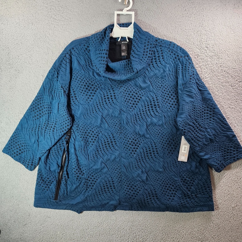 $74 NEW Ali Miles Top Women 3X Turtle Neck Stretch Polka Dot Dark Teal Blue
